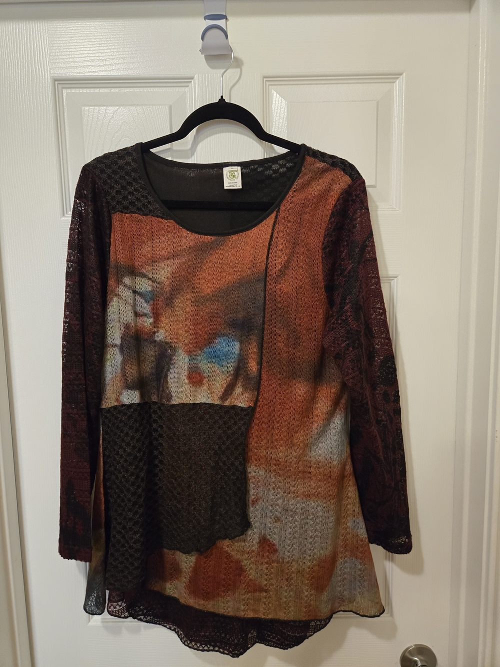 Long Sleeve Patchwork Blouse in Burnt Orange and Brown